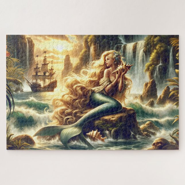 Quebra-cabeça Mermaid Siren Pirate Ship Scene Nautical Decor (Horizontal)
