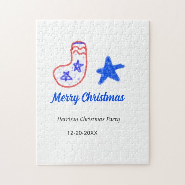 Quebra-cabeça Merry Christmas blue star red stockings name date  (Vertical)