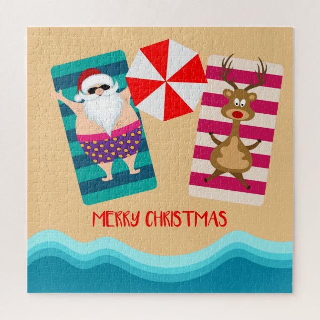 Quebra-cabeça Merry Christmas Tropical Beach Papais noeis Reinde (Vertical)