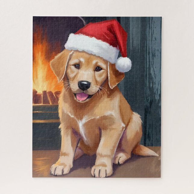 Quebra-cabeça Merry Puppy | Dog Santa Hat Christmas Watercolor (Vertical)