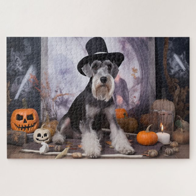 Quebra-cabeça Miniatura Schnauzer Pumpkins Halloween Assustado (Horizontal)