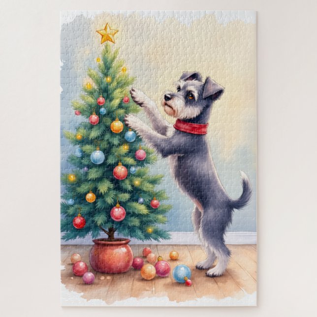 Quebra-cabeça Miniature Schnauzer decorando árvore de Natal cach (Vertical)