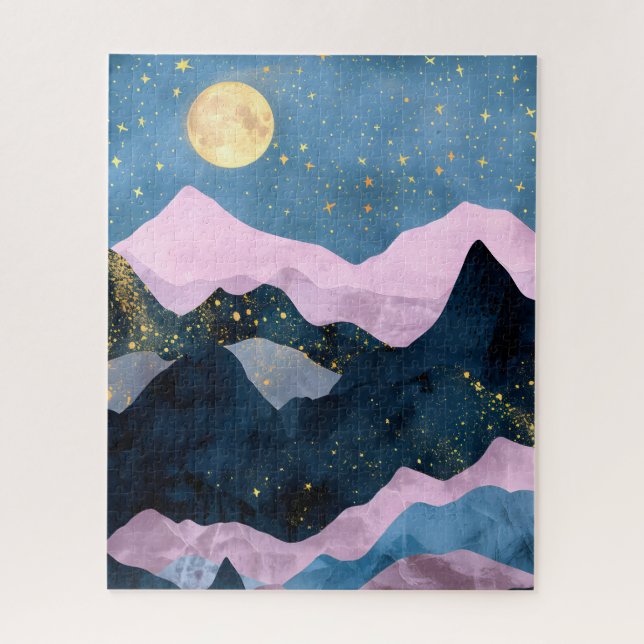 Quebra-cabeça Minimalista Lua Estrelas Montanha Celestial Vale (Vertical)