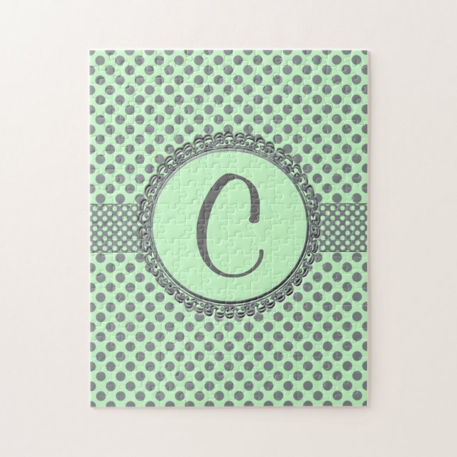 Quebra-cabeça Mint Green com Bolinhas-Monograma de Cinzas (Vertical)