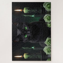 Quebra-cabeça Misterioso Gato Negro Assustador com Olhos Verdes