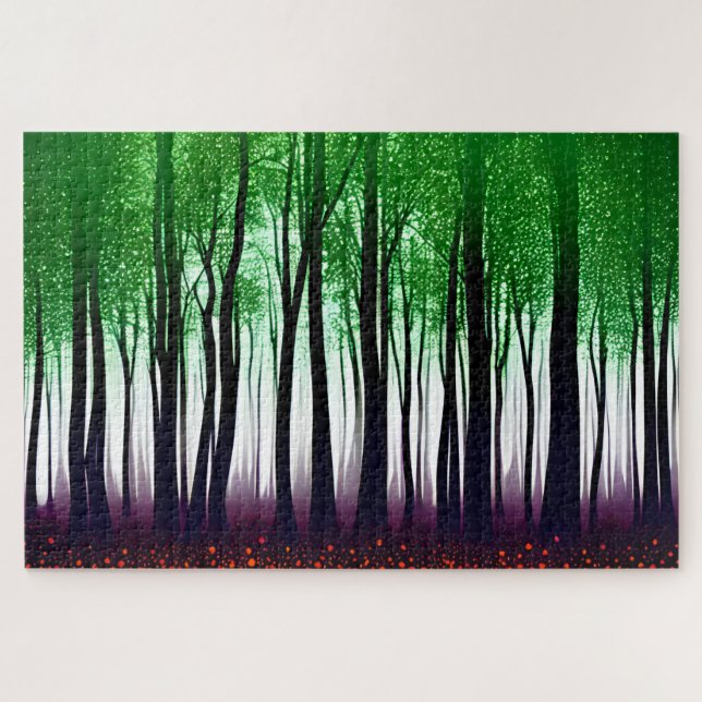Quebra-cabeça Mística Floresta Negra Silhueta com Folhas Verdes (Horizontal)