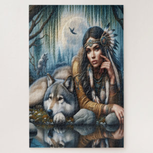 Quebra-cabeça Mística Uma Mulher Americana Nativa Com Lobos