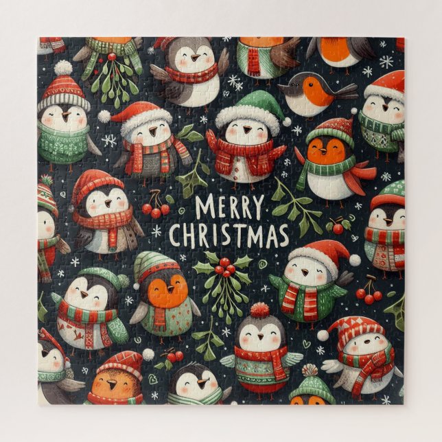 Quebra-cabeça Mistletoy Christmas Penguin Carolers com trompetes (Vertical)
