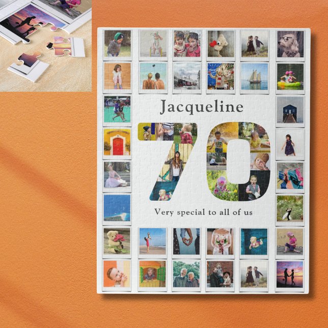 Quebra-cabeça Modelo de Foto da Família de Aniversário do 70 (Personalized 70th Birthday family photo collage jigsaw puzzle.)
