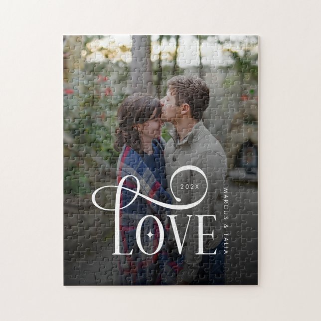Quebra-cabeça Modern Script Love Custom Engaged Couples Photo (Vertical)