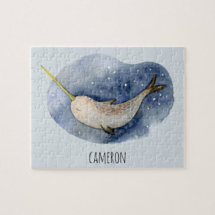Quebra-cabeça Modern Watercolor Narwhal Blue Ocean Personalizado