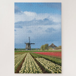 Quebra-cabeça Moinho de vento com tulipas flores verticais