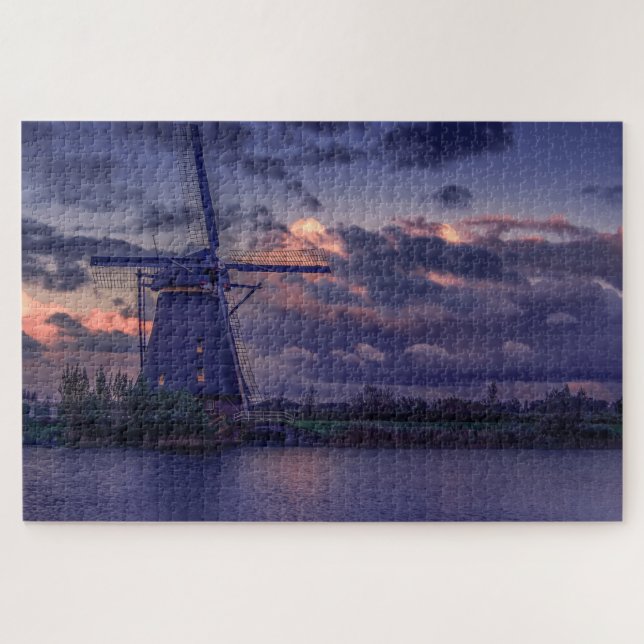 Quebra-cabeça Moinho de vento holandês na Holanda Rio Céu (Horizontal)