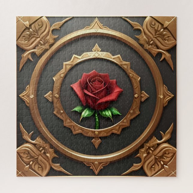 Quebra-cabeça Moldura Dourada Intrincada com Rosa Vermelha (Vertical)