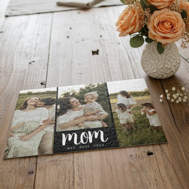 Quebra-cabeça Mom Established Script Black 3 Photo (modern 3 photo black and white script mom established puzzle gift for mom on Mother's Day Christmas)
