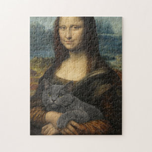 Quebra-cabeça Mona Lisa segurando um gato cinza elegante