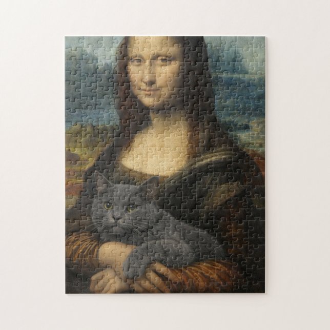 Quebra-cabeça Mona Lisa segurando um gato cinza elegante (Vertical)