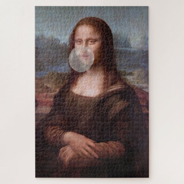 Quebra-cabeça Mona Lisa soprando chiclete cinza (Vertical)