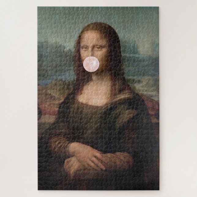 Quebra-cabeça Mona Lisa soprando pastilha elástica rosa (Vertical)