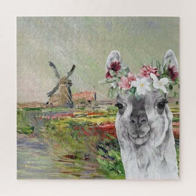 Quebra-cabeça Monet Campo Tulipas e Llama Elegante (Vertical)