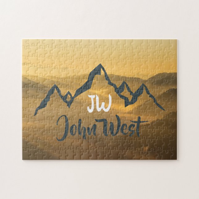 Quebra-cabeça monograma de montanhas personalizável do nascer do (Horizontal)