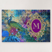 Monograma Dourado de Teal Roxo Elegante Peacock