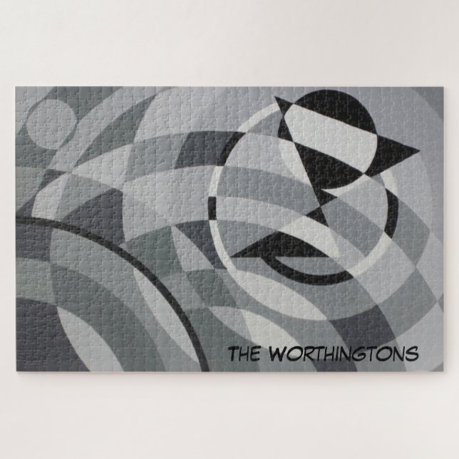 Quebra-cabeça Monograma Geométrico Nome Círculos Pretos e Branco (Horizontal)