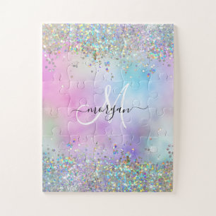 Quebra-cabeça Monograma Holográfico Glitter Arco-Íris Pastel