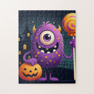 Quebra-cabeça Monstro fofo e roxo pedindo doces ou travessuras