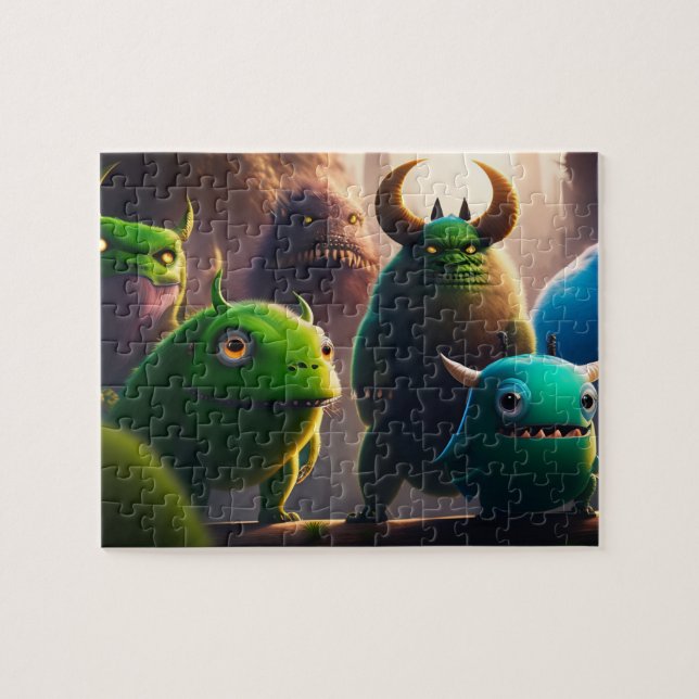 Quebra-cabeça Monstros 3D Verde e Engraçados (Horizontal)
