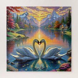 Quebra-cabeça Montanha Respiratória Sunset com Cisnes Elegantes