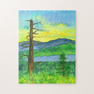 Quebra-cabeça Montanha Sunrise Watercolor Landscape