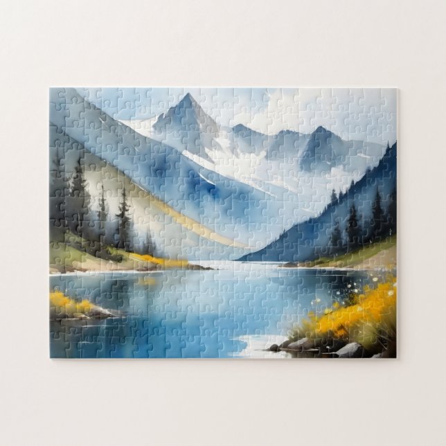 Quebra-cabeça Montanhas com capa de neve e um lago (Horizontal)