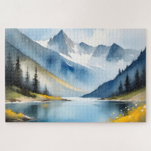 Quebra-cabeça Montanhas com capa de neve e um lago