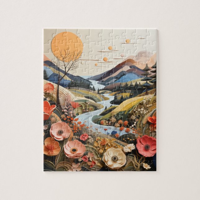 Quebra-cabeça Montanhas, Stream e Flores Selvagens (Vertical)