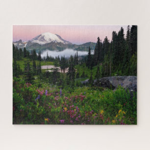 Quebra-cabeça Monte Rainier com flores selvagens e lago