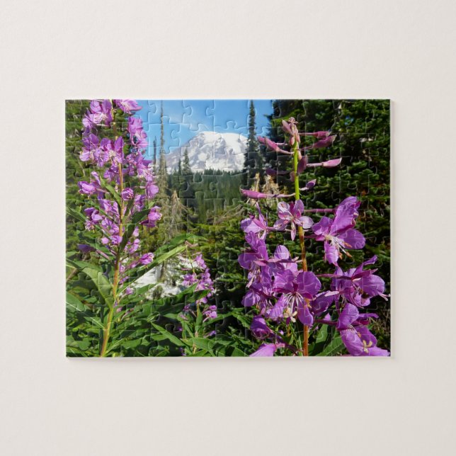 Quebra-cabeça Monte Rainier Entre Flores Roxas de Phlox (Horizontal)