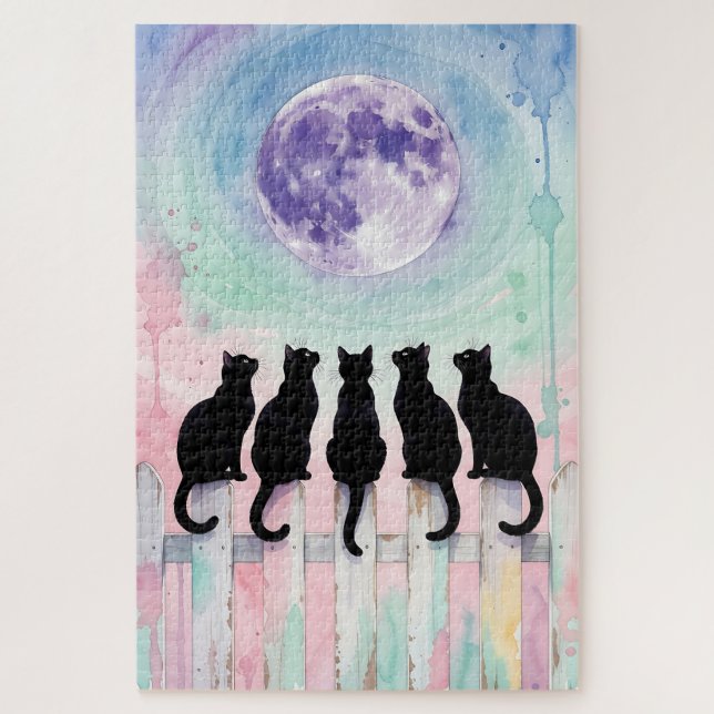 Quebra-cabeça Moonlight Cats Puzzle – Five Black Cats Watercolor (Vertical)