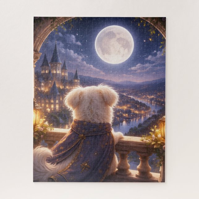 Quebra-cabeça Moonlit Dream – Dog Watching a Magical City Puzzle (Vertical)