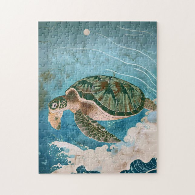 Quebra-cabeça Moonlit Waves - Sea Turtle, Japanese Art (Vertical)