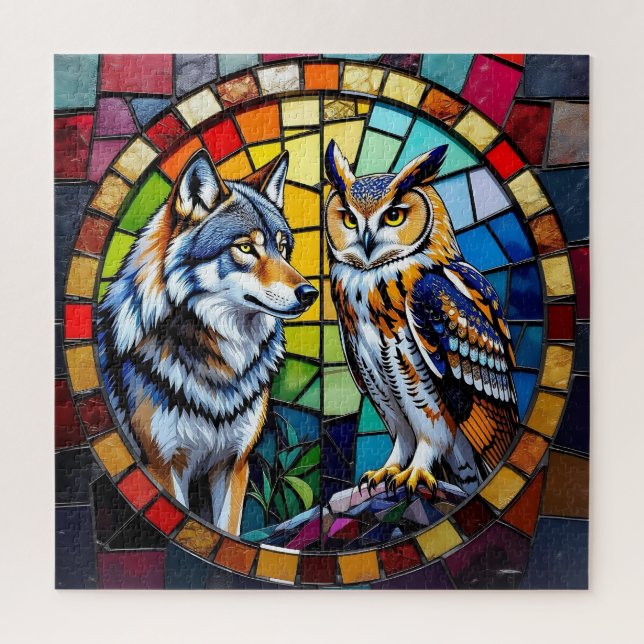 Quebra-cabeça Mosaic Wolf and Owl Vibrant Art (Vertical)