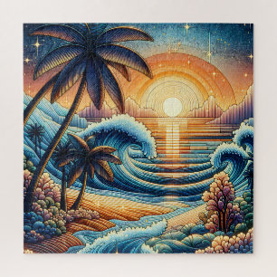 Quebra-cabeça Mosaico Ai Art   Palmeiras e solários do oceano