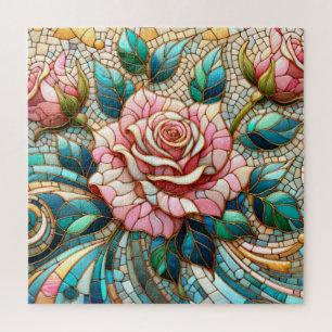 Quebra-cabeça Mosaico de Vidro Colorido com Rosas Rosas