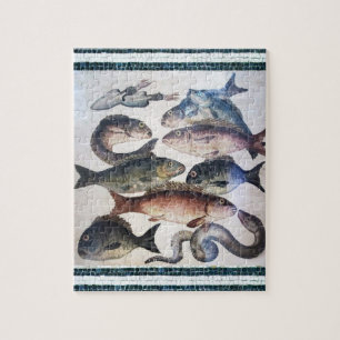 QUEBRA-CABEÇA MOSAICOS ROMANOS ANTIGOS, PEIXES, CENA DA VIDA
