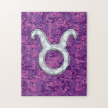 Quebra-cabeça Mother of Pearl Taurus Zodiac Sign on Digital Camo<br><div class="desc">A mother of pearl style Taurus Sign on a vibrant fuchsia pink digital camouflage print background. A modern urban racy design for a great custom gift idea. 
 
  


Use the "Ask this Designer" link to contact us with your special design requests or for some assistance with your customization needs.</div>