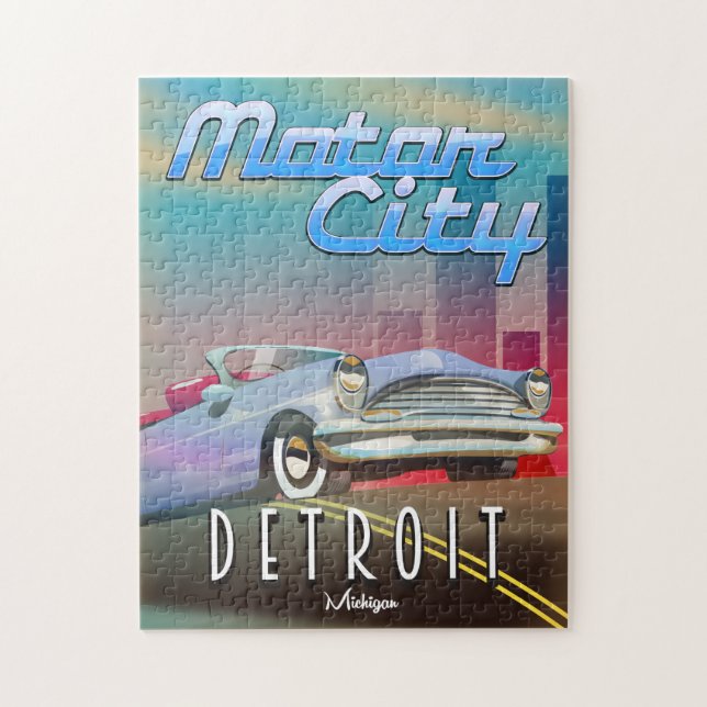 Quebra-cabeça Motor City Detroit Michigan poster de viagens. (Vertical)