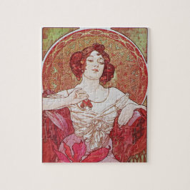 Quebra-cabeça Mucha Art Nouveau Vintage Vermelho Elegante  Senho
