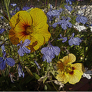 Quebra-cabeça Muitas flores amarelas, azuis e brancas