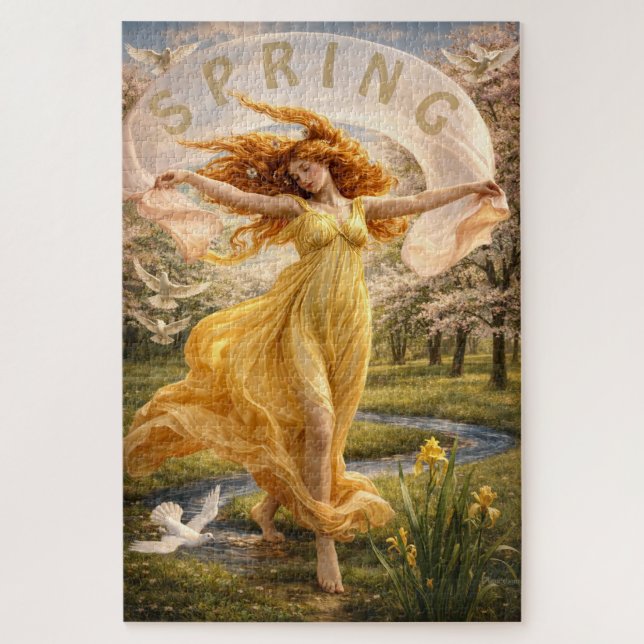 Quebra-cabeça Mulher Art Nouveau em um Prado Florido (Vertical)
