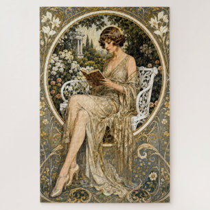 Quebra-cabeça Mulher Art Nouveau lendo no jardim